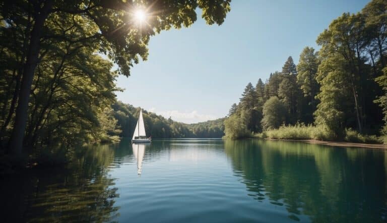 A calm lake with a small sailboat gliding across the water, surrounded by lush green trees and a clear blue sky