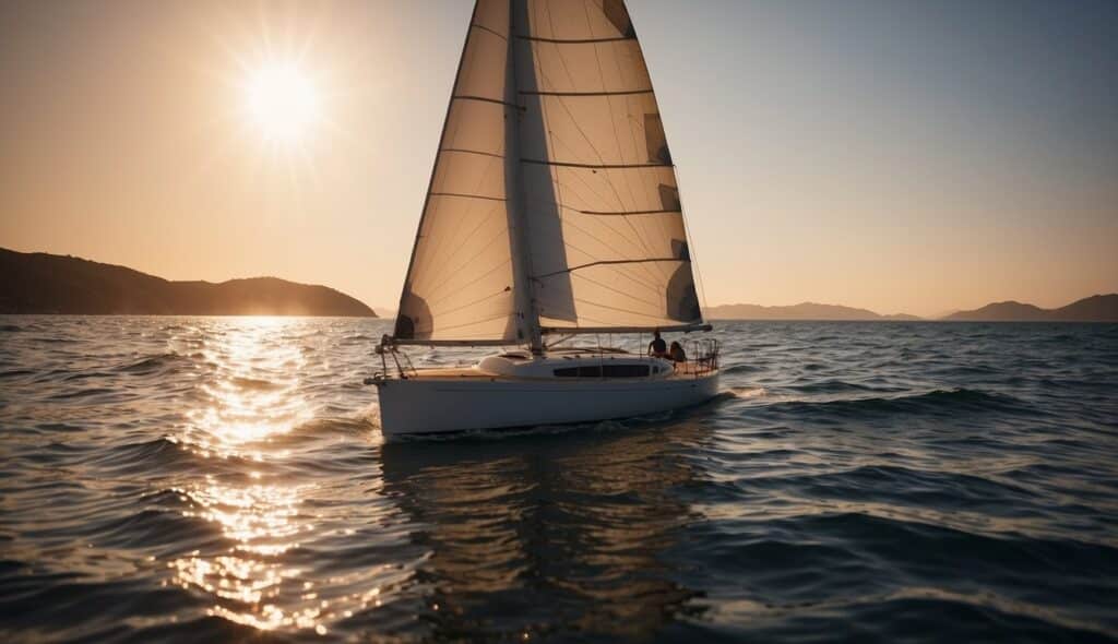 A sailboat glides across calm waters, its sails billowing in the wind. The sun sets in the distance, casting a warm glow on the scene