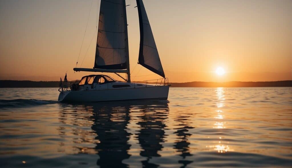 A sailboat glides across calm waters, with safety equipment like life jackets and ropes visible onboard. The sun sets in the background, casting a warm glow over the scene