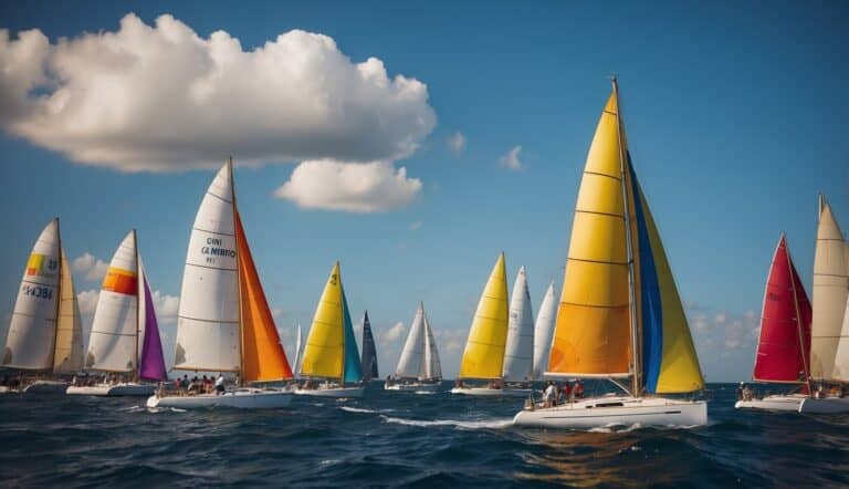 Sailboats race across the open sea, their colorful sails billowing in the wind as they compete in a historical regatta