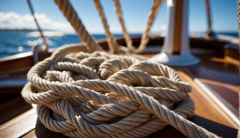 A sailboat being prepared with ropes coiled on deck, sails neatly folded, and a clear blue sky in the background