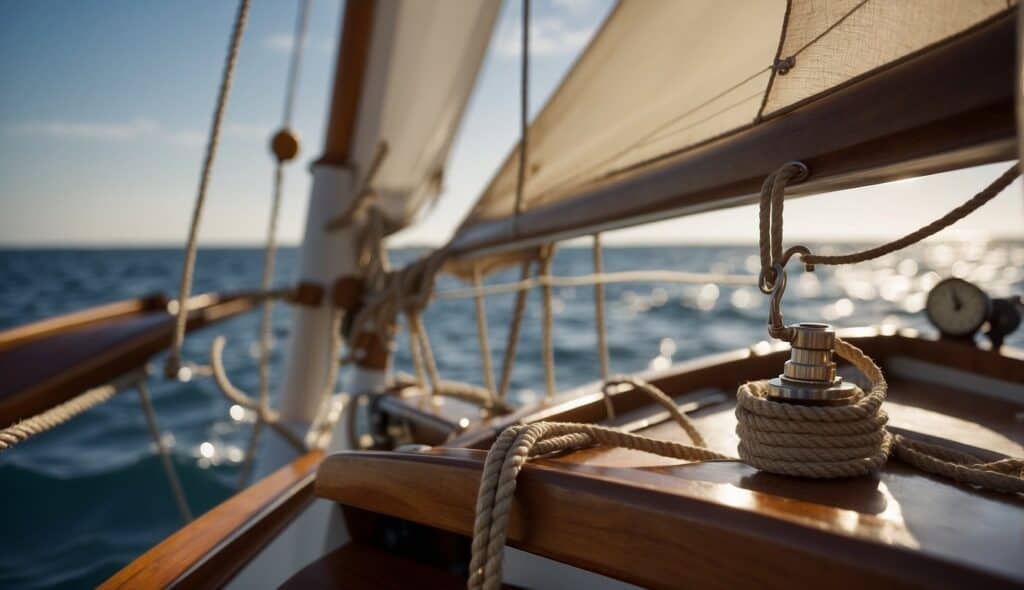 The skipper prepares the sailboat for a voyage, checking ropes and equipment, and studying the weather forecast