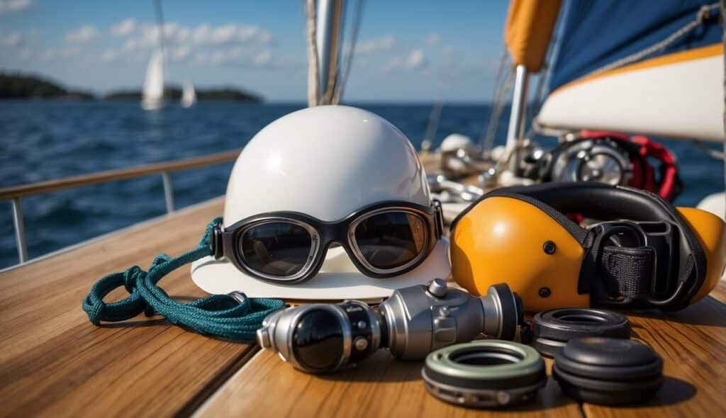 Sailboat equipment and safety gear laid out on deck for a sailing trip