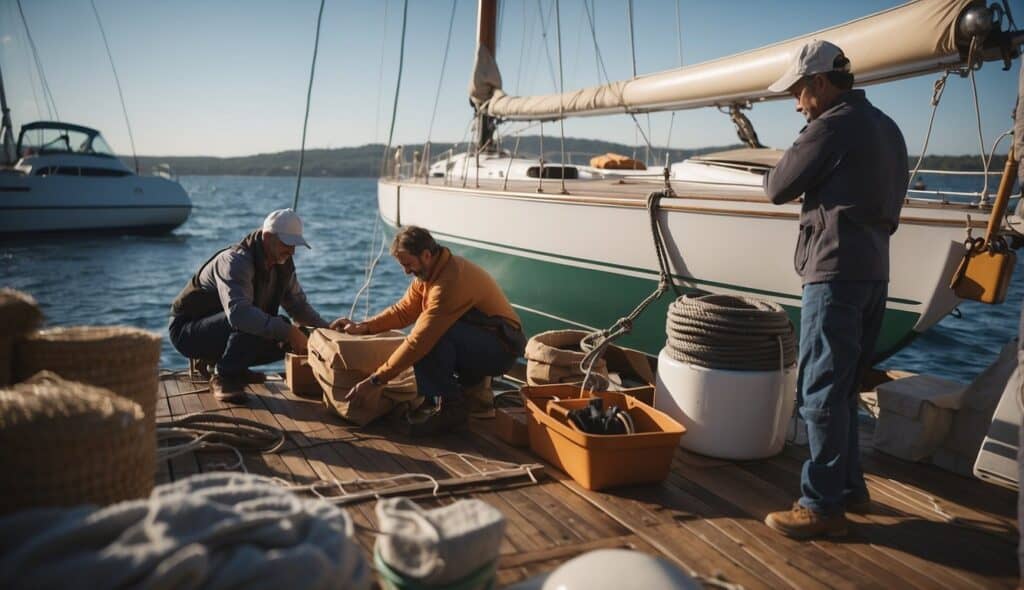 A sailboat being prepared for a journey, with supplies being loaded and checked, and crew members chatting and relaxing on the deck