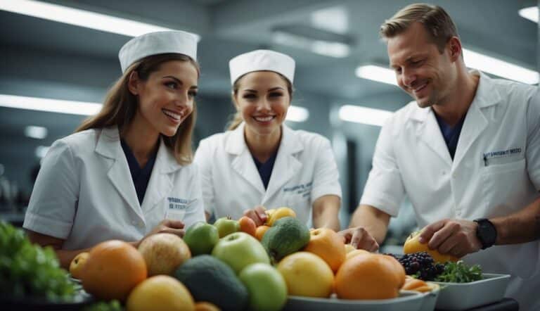 Sailors receiving nutrition advice from a dietitian, with a focus on fresh fruits, vegetables, and balanced meals