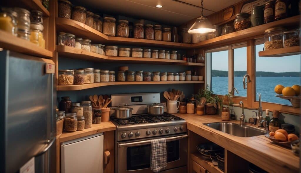 A sailboat's galley with shelves of canned goods, a small refrigerator, and a stovetop with pots and pans. A chart of nutritional tips hangs on the wall