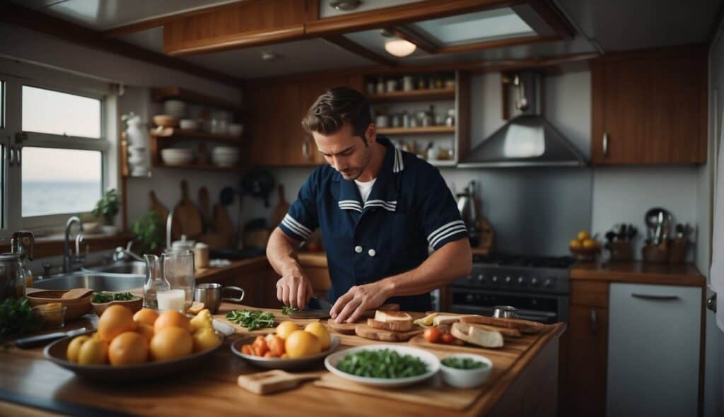 A sailor in a kitchen on a boat, preparing a meal using practical recipes for seafaring. Ingredients and cooking utensils are scattered around the compact space