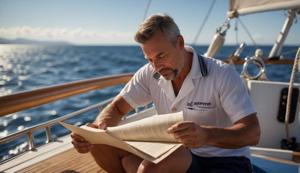 A sailor carefully reads a list of special dietary recommendations while sitting on the deck of a sailboat, with the sea and sky in the background