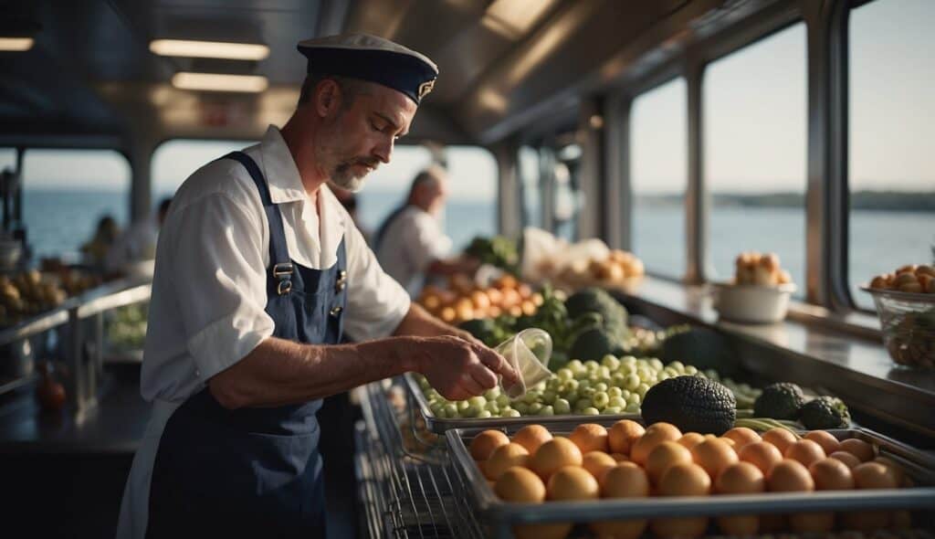 A sailor carefully selects and stores food items for their journey, following nutrition tips