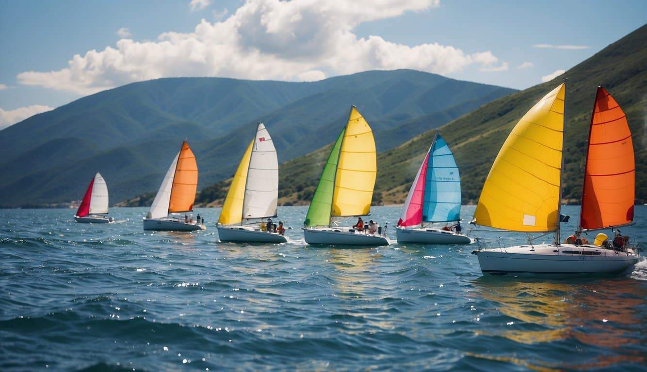 Sailboats racing on open water, colorful sails billowing in the wind, surrounded by a backdrop of rolling hills and a bright, sunny sky