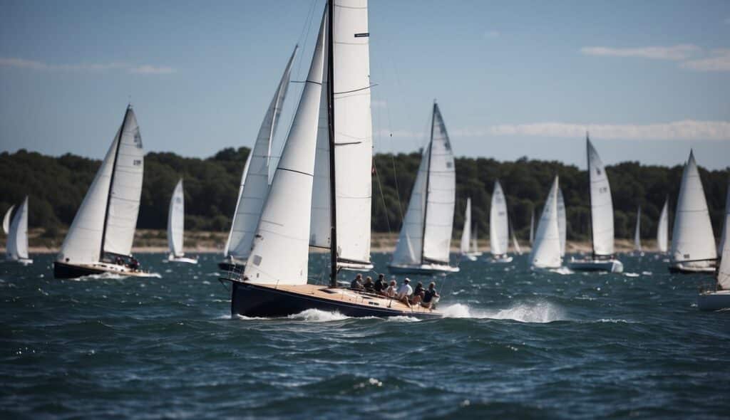 Sailboats racing on open water, billowing sails catching the wind. Crowds line the shore, cheering as the boats compete in the historic sailing regatta