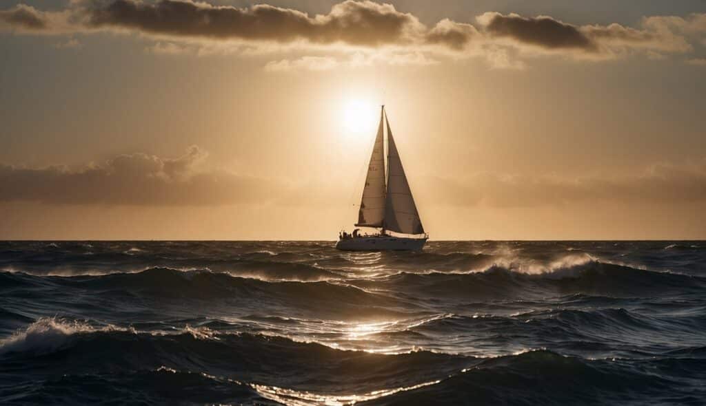 A sailboat races through rough waves, its sails billowing in the wind. The sun sets on the horizon, casting a warm glow over the open sea