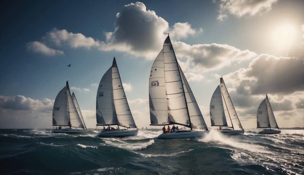 A modern sailing race with sleek boats and billowing sails against a dramatic sky, with waves crashing and seagulls soaring overhead