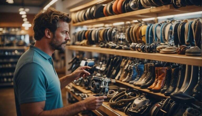 A person selecting sailing equipment from a rack in a well-lit, organized store