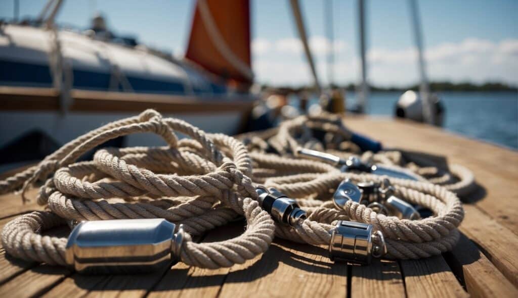 A selection of basic sailing equipment laid out on a dock, including ropes, sails, and rigging