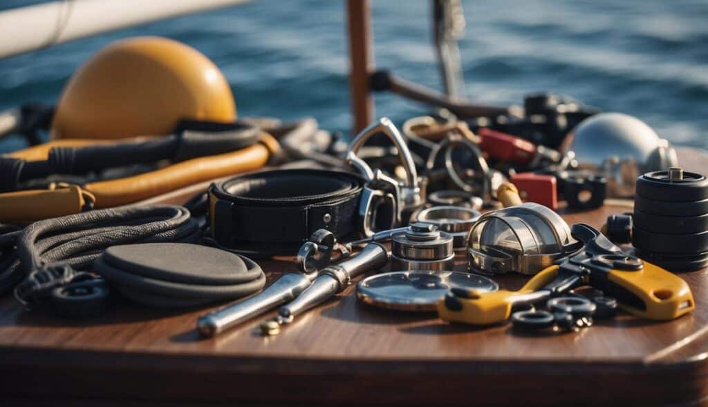 A selection of sailing equipment and maintenance tools laid out on a boat deck