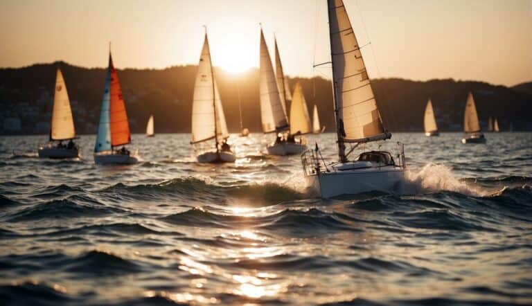 Sailboats gliding on the water, with colorful sails billowing in the wind, and the sun setting in the background