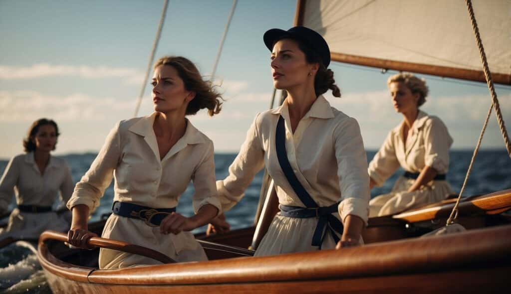 Women sailing through history, from ancient times to modern competitions, showcasing their evolution in the sport