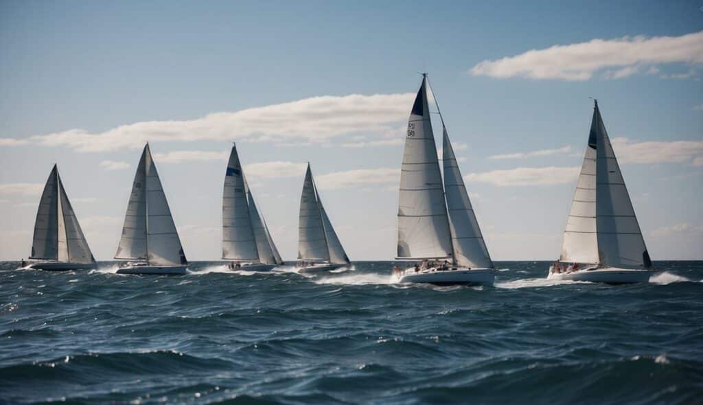 Sailboats racing on the open sea, with waves crashing and wind filling the sails