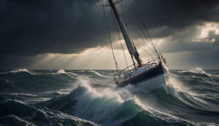 A sailboat navigates through stormy seas, with dark clouds, strong winds, and crashing waves. Lightning strikes in the distance, as the boat struggles to stay afloat