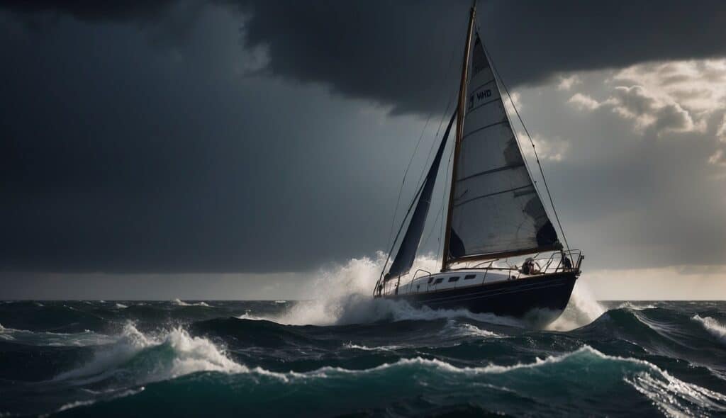 A sailboat navigates choppy waters under a dark, stormy sky, with strong winds and crashing waves. Lightning flashes in the distance as the boat struggles to stay afloat