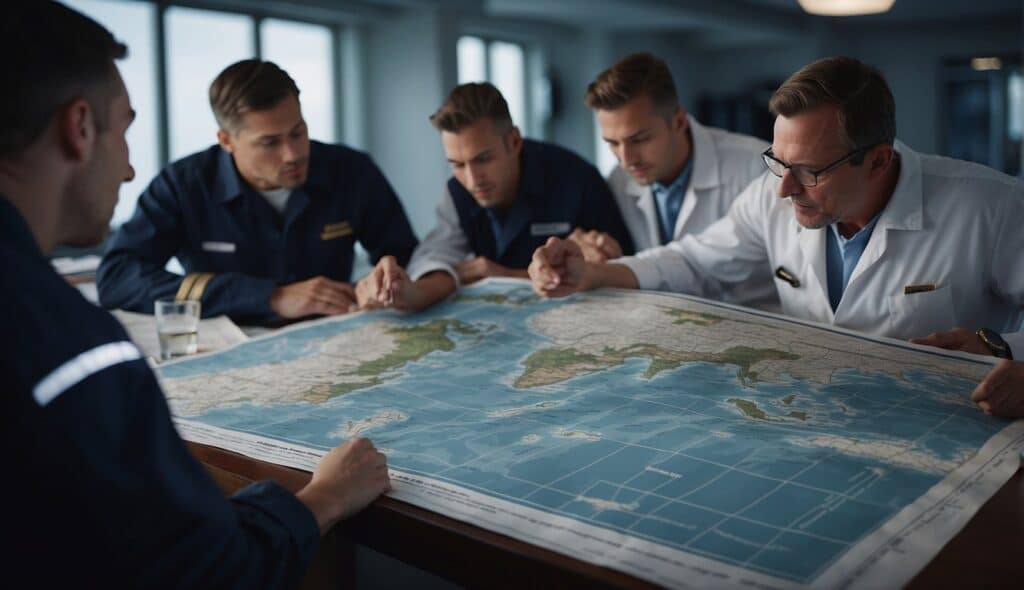 Sailors studying weather charts and maps for safe navigation