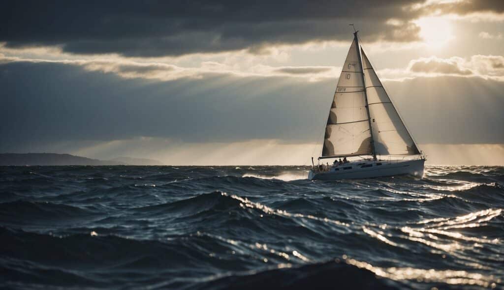 A sailboat navigating through unique weather phenomena