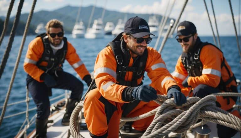 Sailboat crew securing ropes and wearing safety gear on deck