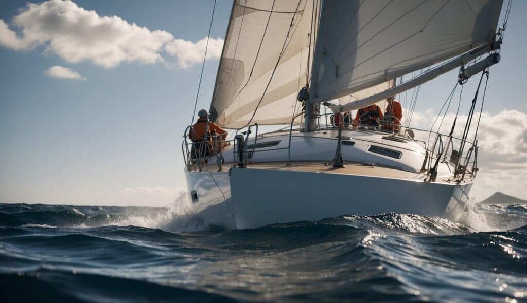 A sailboat maneuvering through rough waters, with a sailor adjusting rigging and maintaining balance to prevent injury