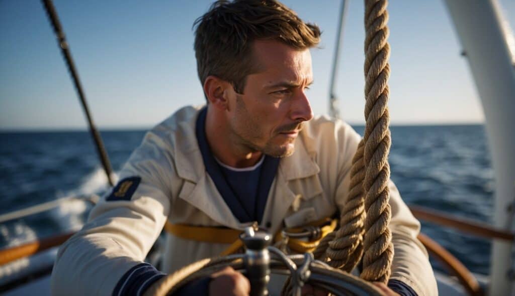 A sailor secures ropes and checks equipment, ensuring safety at sea