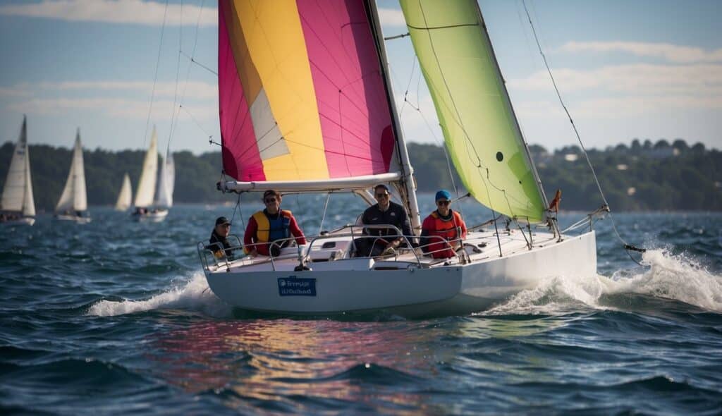 A sailboat glides across the water, with a colorful spinnaker billowing in the wind. The boat is manned by a team of Paralympic sailors, showcasing the inclusivity and excitement of Paralympic sailing