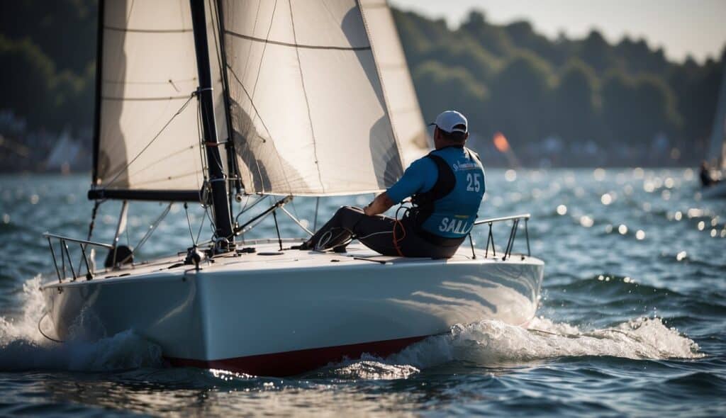 A sailboat races across the water, guided by a sailor with a disability. The boat is equipped with adaptive technology for competitive Paralympic sailing