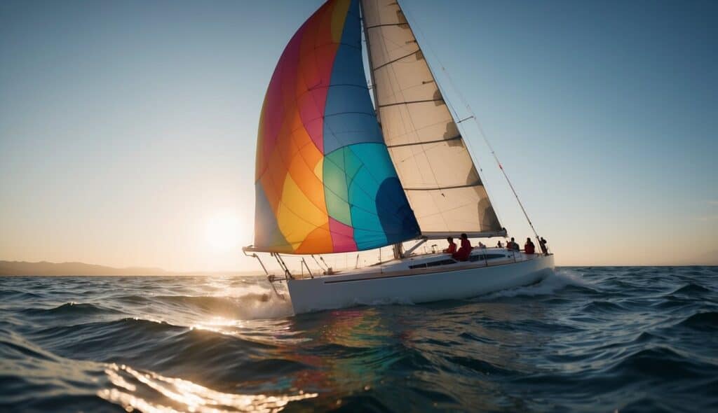 A sailboat glides gracefully across the water, with colorful sails billowing in the wind. The Paralympic symbol is prominently displayed on the boat, representing the future and development of Paralympic sailing