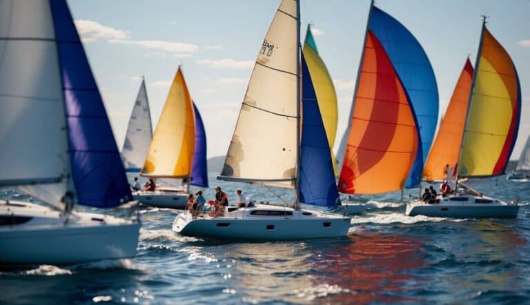 Sailboats and catamarans race on the open sea, their colorful sails billowing in the wind as they compete for the lead