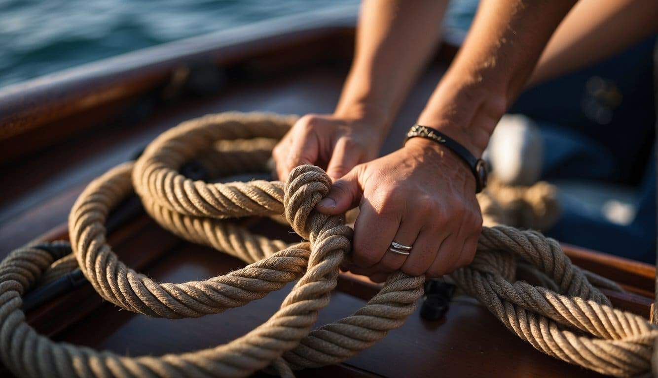 A sailor's hands tying various knots on a boat deck