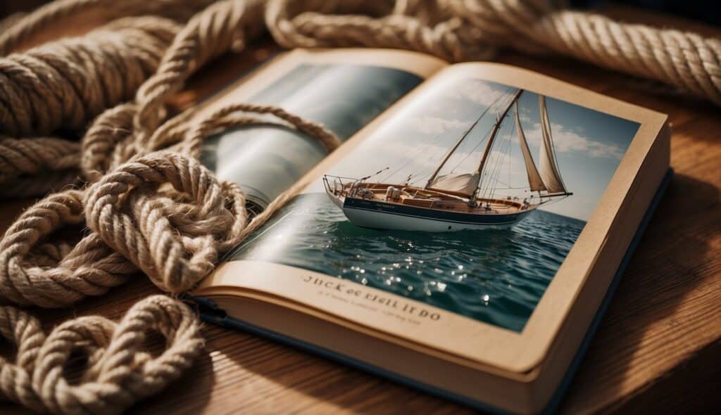 A sailboat rigging book open on a wooden table with various types of knots displayed and labeled