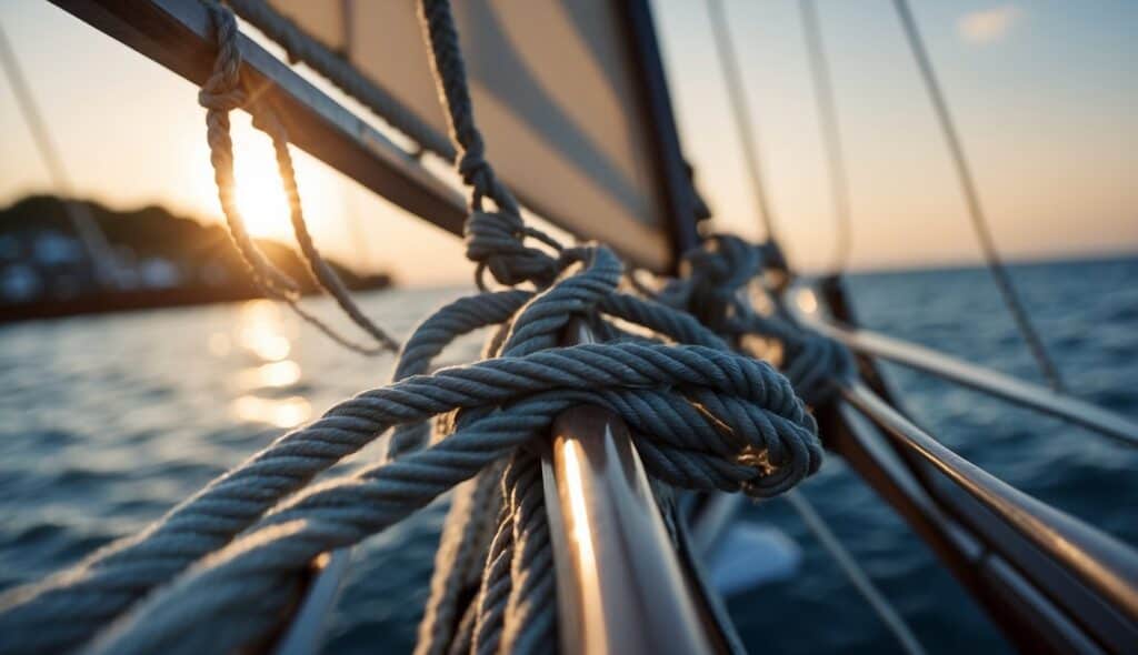 A sailboat's rigging, with intricate knots on the lines and sails, set against a backdrop of a calm, blue ocean