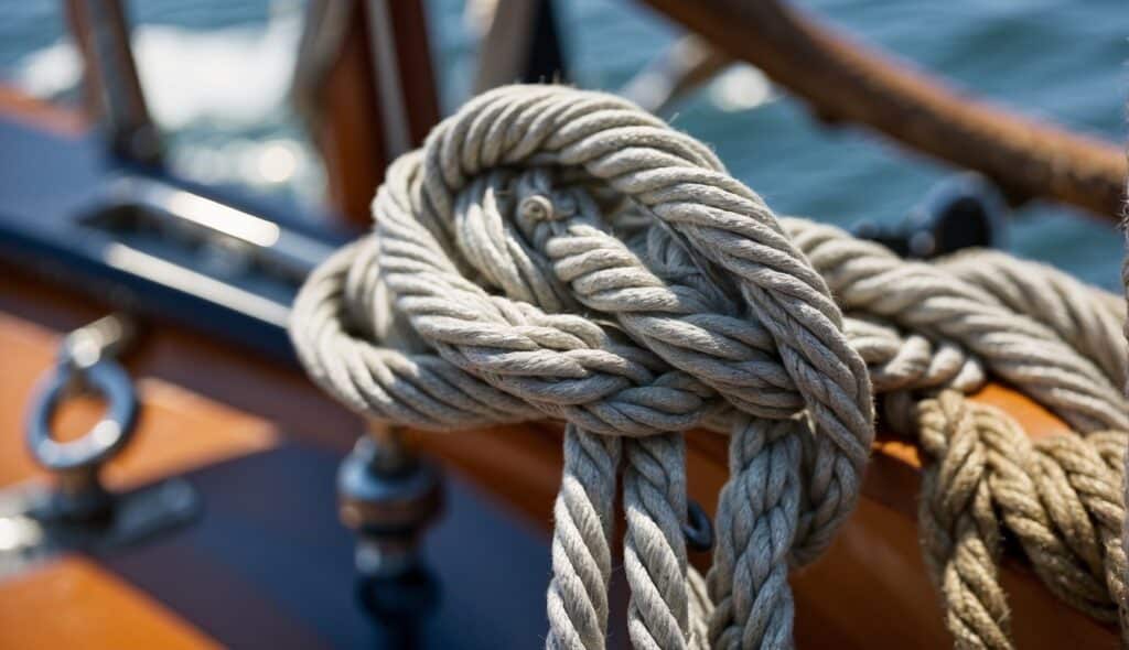 A sailboat rigging guide shows various knots in use on a sailboat, with clear illustrations of each knot's application and safe usage