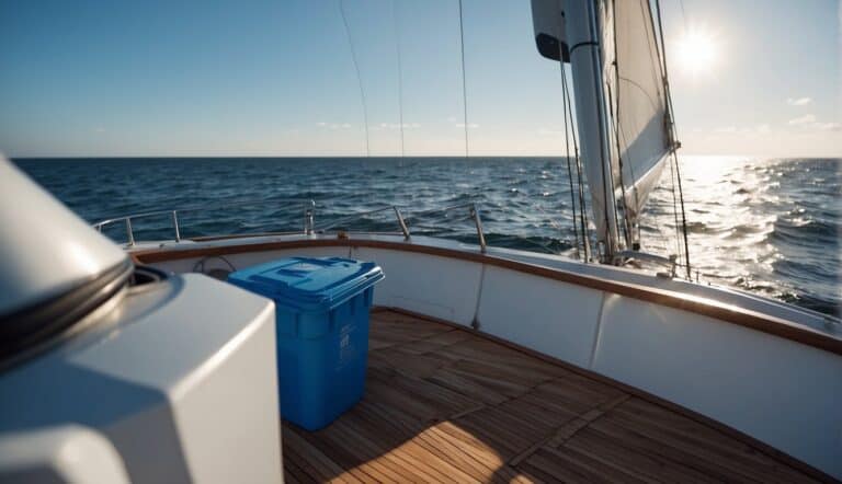 Sailboat with wind turbine, solar panels, and recycling bins on deck. Clean ocean and blue sky in background