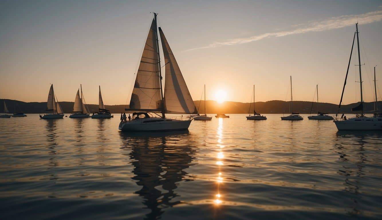 A sailboat glides across a calm sea, surrounded by other boats. The sun sets in the distance, casting a warm glow over the water