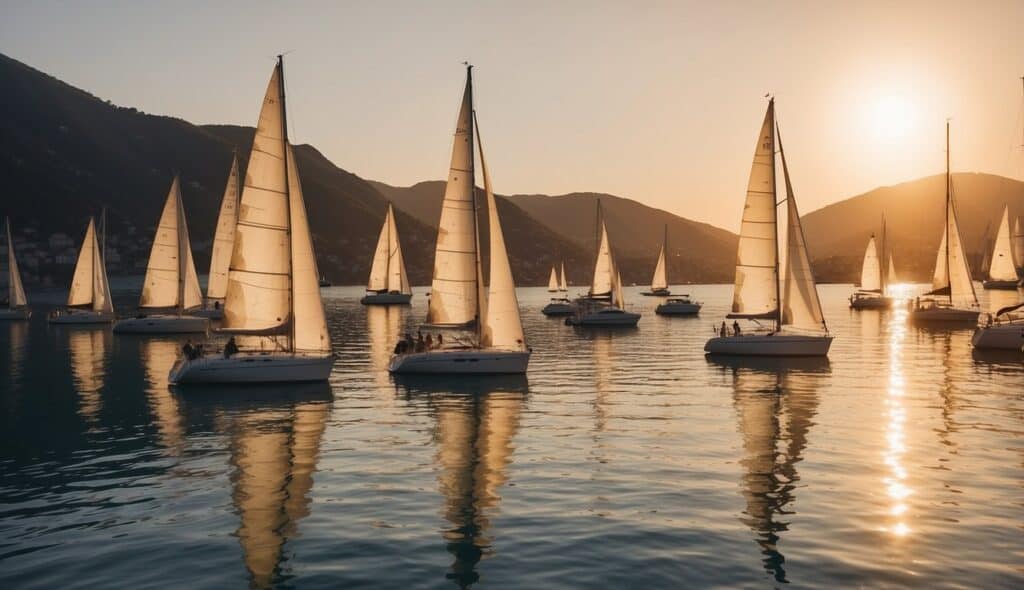 Sailboats gliding on calm waters, surrounded by a picturesque coastline. The sun is setting, casting a warm glow over the scene