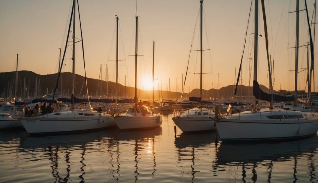 A group of sailboats gathering in a harbor, with people chatting and preparing their vessels. The sound of clinking rigging and laughter fills the air, as the sun sets over the water