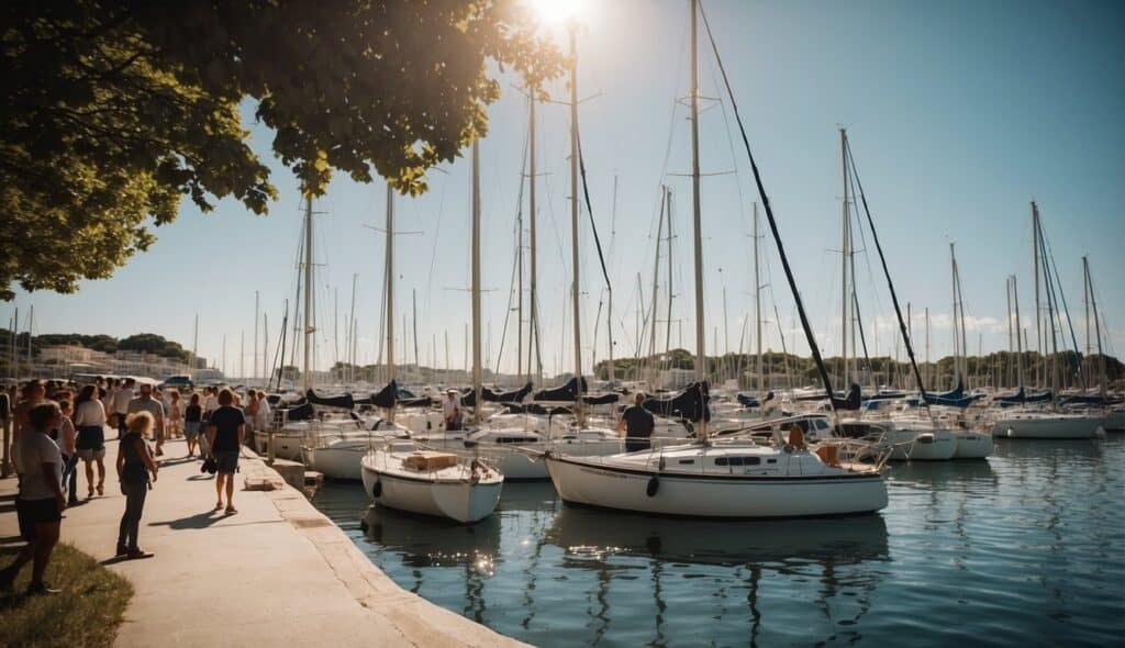 Sailing boats dot a harbor, while people gather on the shore, enjoying a sunny day by the water