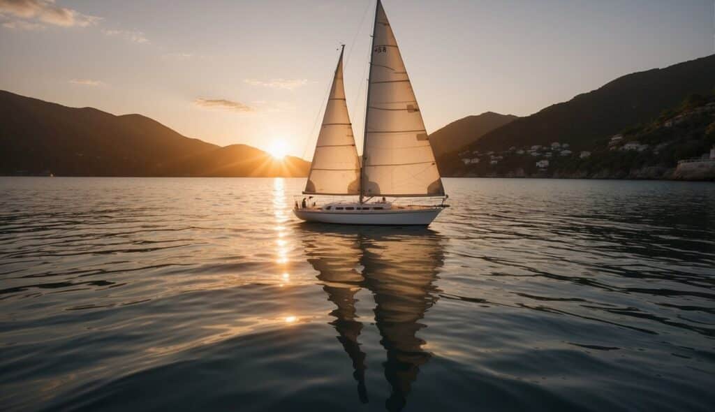 A sailboat glides through calm waters, surrounded by a serene and picturesque seascape. The sun sets in the distance, casting a warm, golden glow over the scene